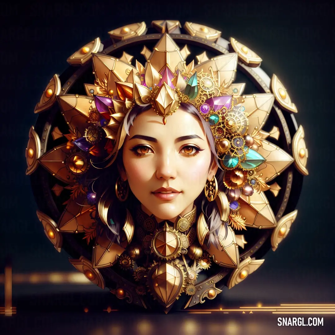 Woman with a golden headpiece and jewels on her head is shown in a digital painting style