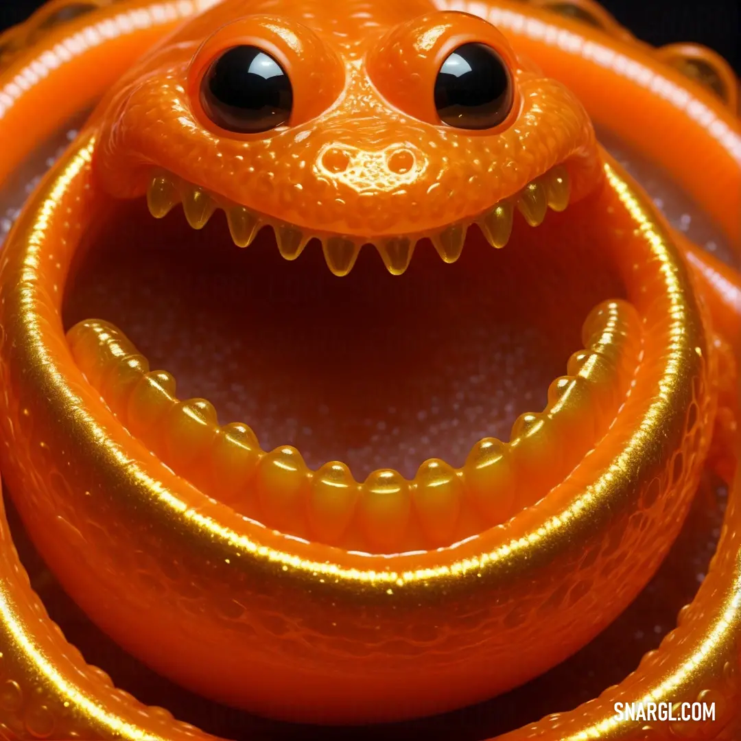 Close up of a orange object with a face made of orange rings and a snake like object with a mouth. Color #AC8325.