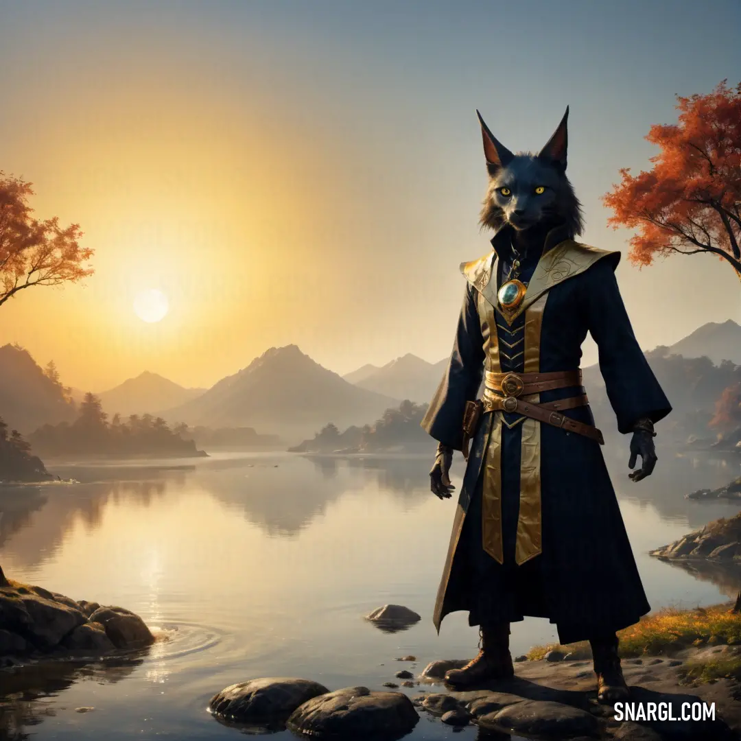 Man in a costume standing on a rock near a lake at sunset with a wolf mask on his head. Example of PANTONE 1255 color.