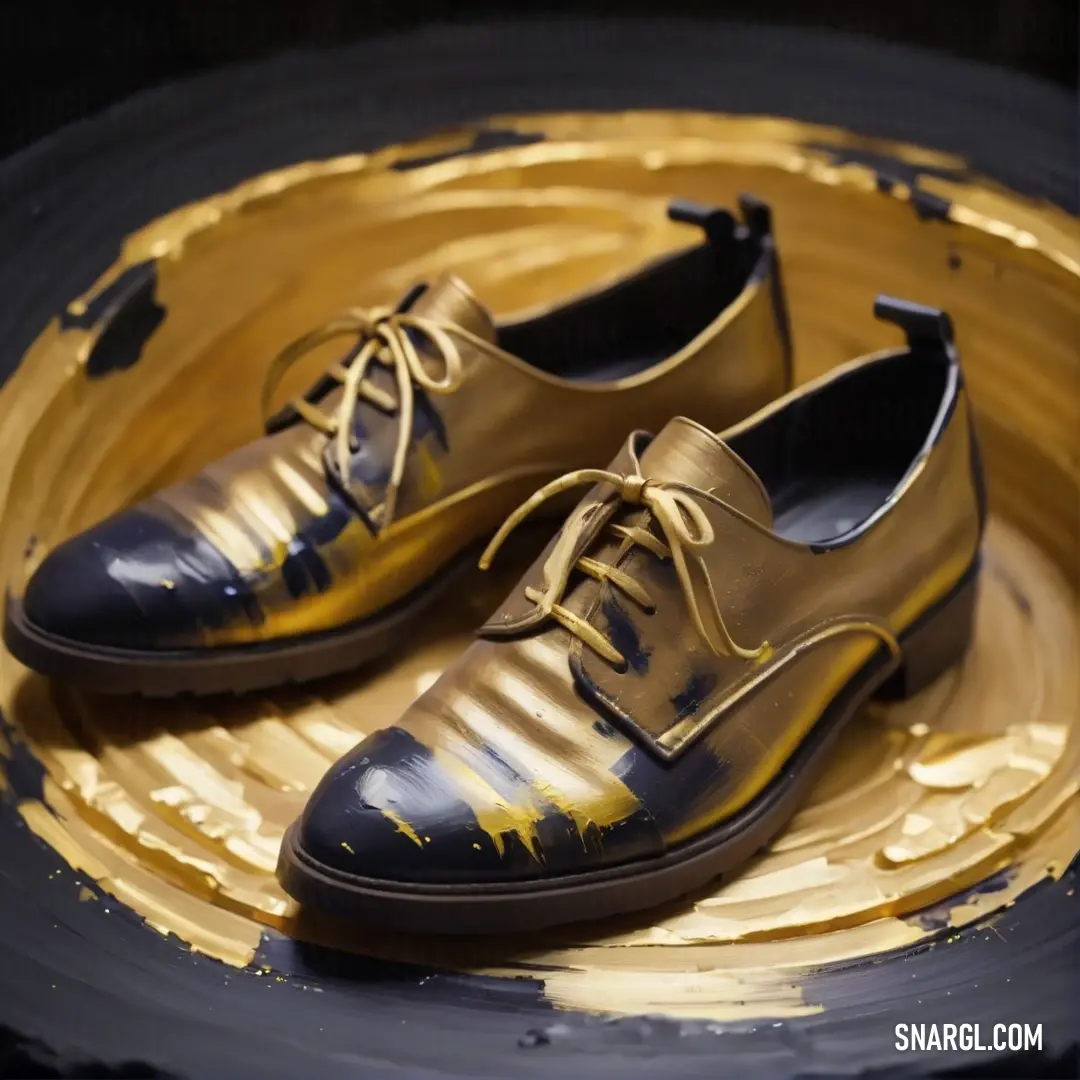 Pair of shoes on top of a yellow and black plate with paint splattered on it. Example of CMYK 9,35,98,30 color.