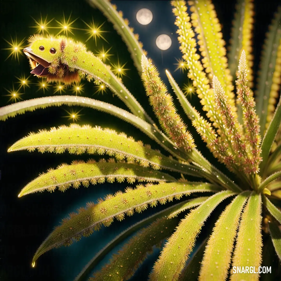 Plant with a bee on it and a star in the background with a blurry image of a plant