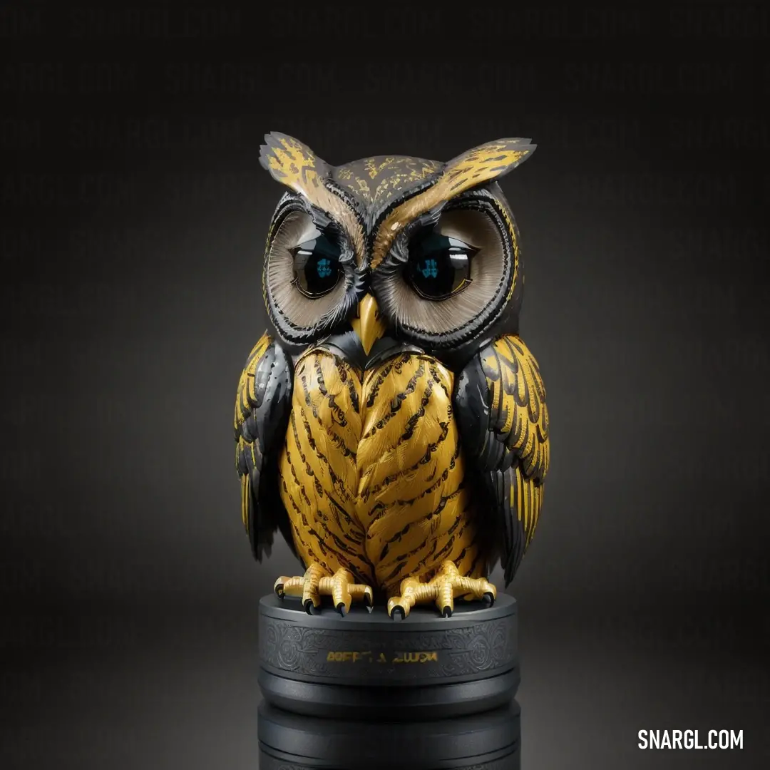 Small owl statue on top of a black surface with a black background
