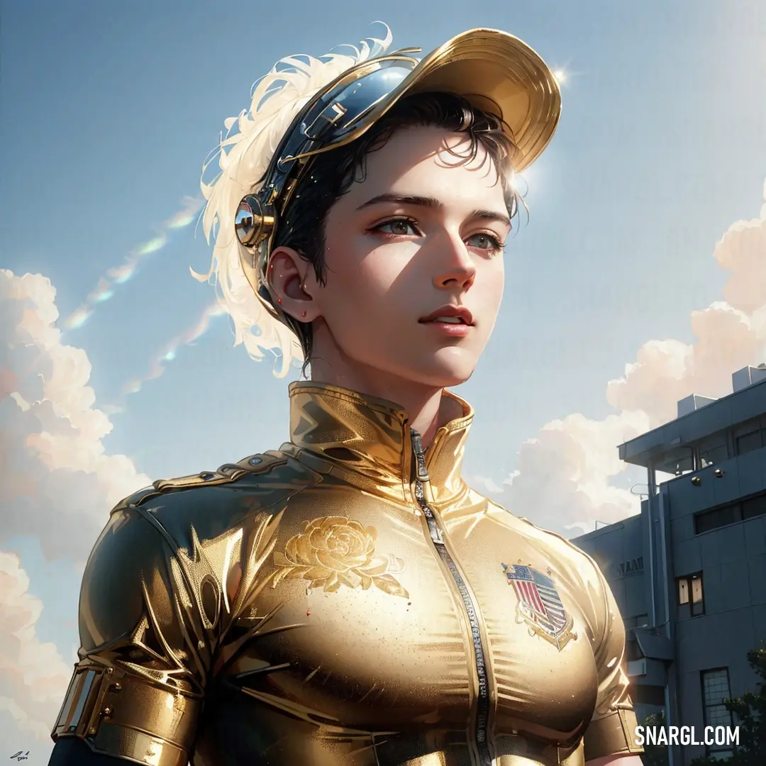 Woman in a gold outfit with a baseball cap on her head and a building in the background with clouds