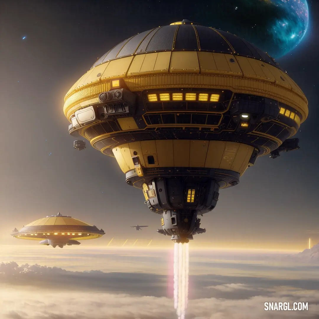 Yellow spaceship flying over a cloud covered sky next to a yellow spaceship in the sky with a blue planet in the background