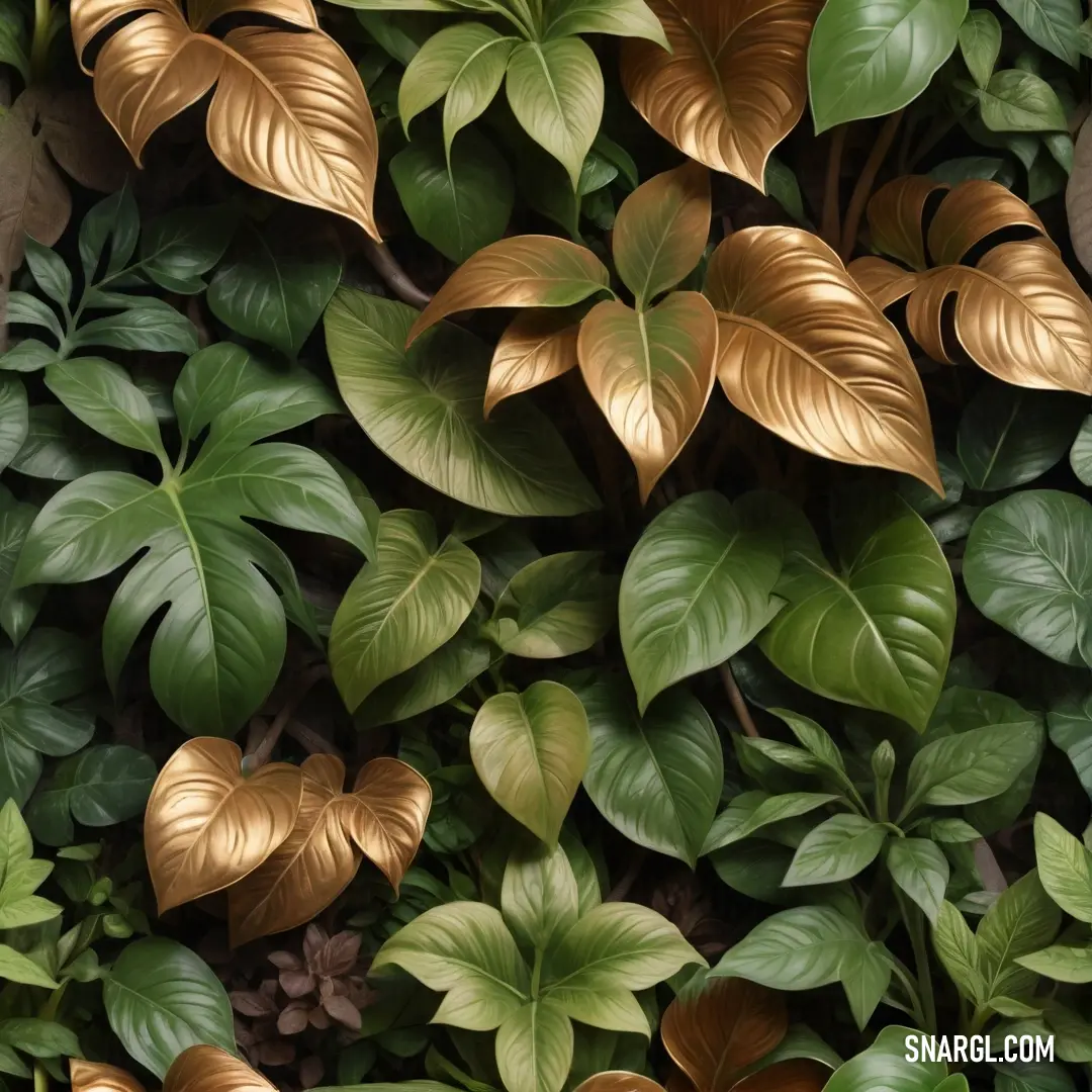 A close-up of a lush plant with vibrant green and gold leaves, surrounded by a floral wallpaper. The natural hues and intricate patterns create a peaceful and vibrant atmosphere.