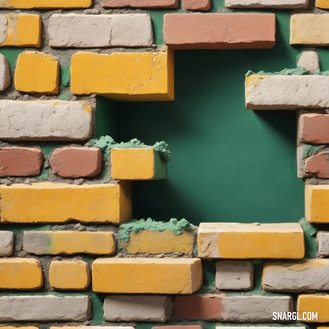 A vibrant green wall with a hole that reveals bricks and cement blocks behind it, adding an unexpected contrast of textures. The green background amplifies the boldness of the hole.