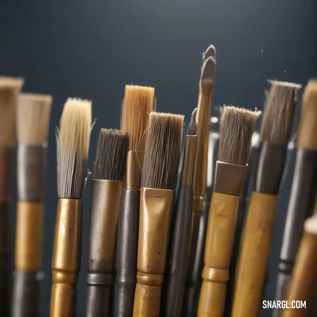 An organized array of brushes lies lined up meticulously on a table with a dark background, emphasizing their colorful bristles. The clever use of CMYK 14,36,95,46 colors brings forth a lively visual appeal.