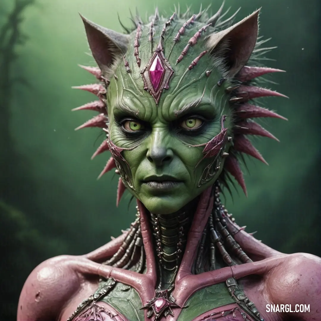 A fierce creature stands tall with formidable spikes adorning its head, displaying a unique body painted in bright green with an intricate red ring encircling its neck, showcasing nature's creativity in its most fantastical form.