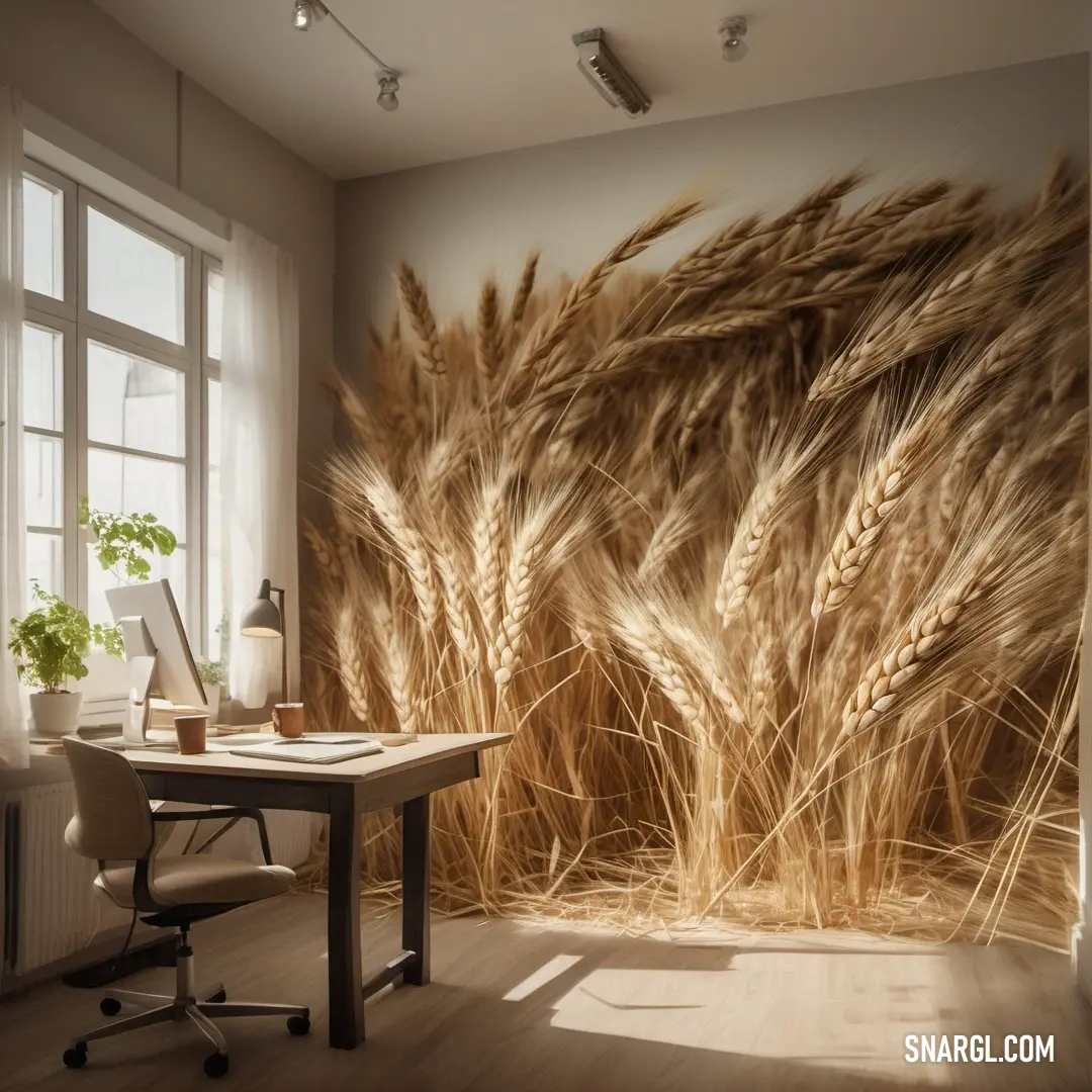 A stylish workspace with a sleek laptop on a desk, surrounded by a mural of wheat stalks and a window basking the room in natural light, creating a productive environment.