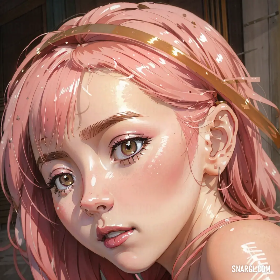 A vibrant digital painting featuring a woman with striking pink hair, wearing a delicate gold ribbon around her neck. Perched atop her head is a whimsical fish, adding an unexpected touch of fantasy to the scene. The composition showcases bold, vivid colo