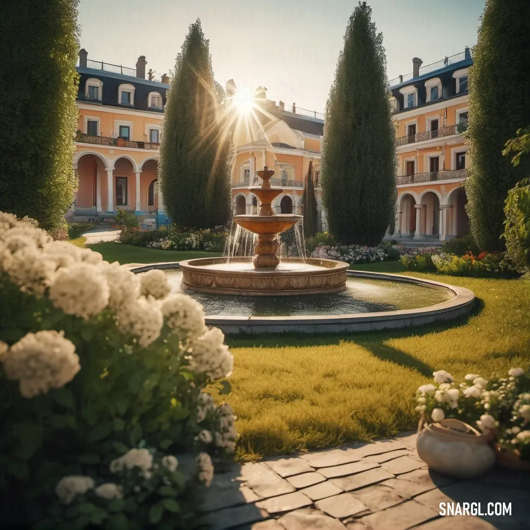 PANTONE 1265 color example: Fountain in a garden with a building in the background