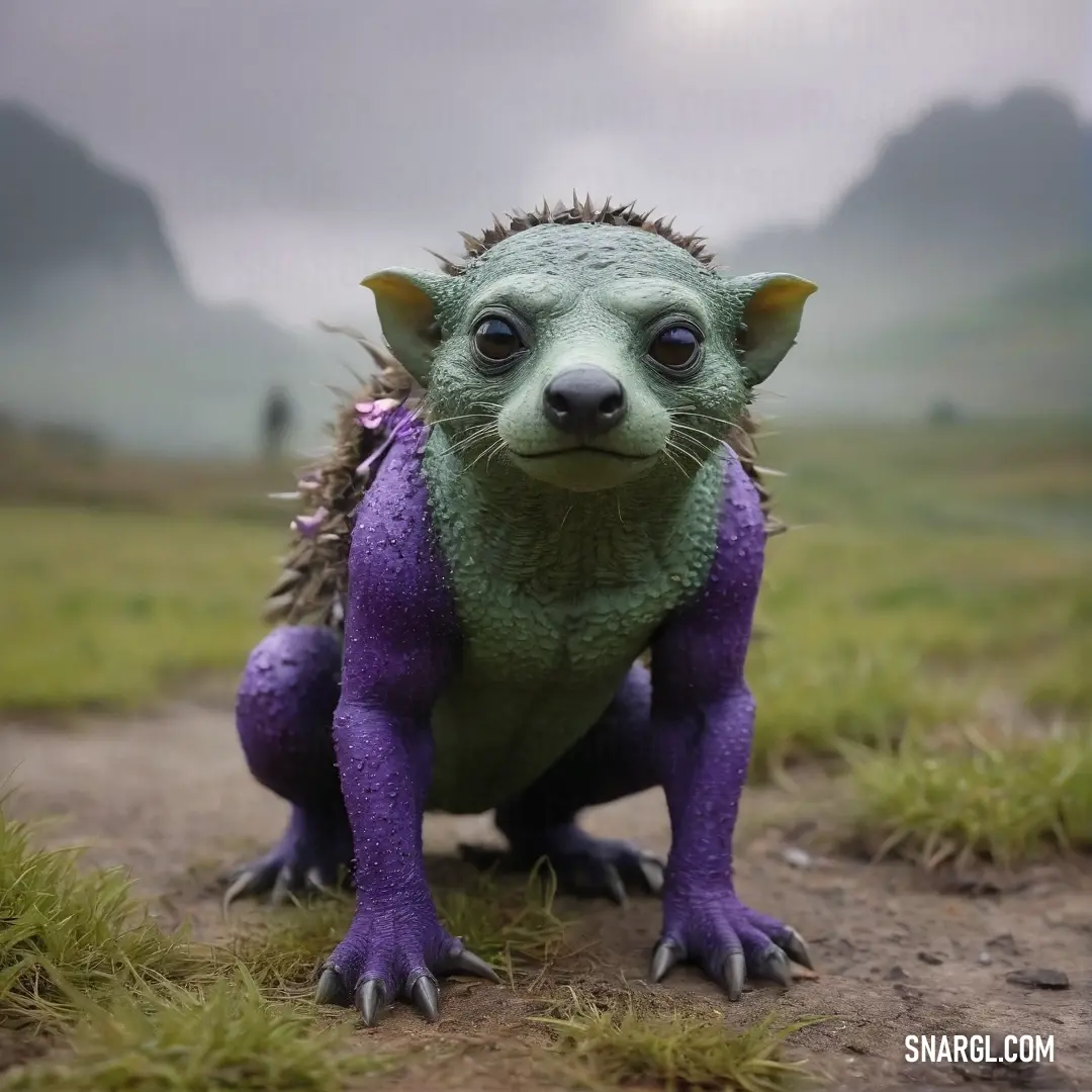 A green and purple creature stands atop a dirt road, with a backdrop of grassy fields and majestic mountains, capturing the essence of vibrant life in a natural setting.