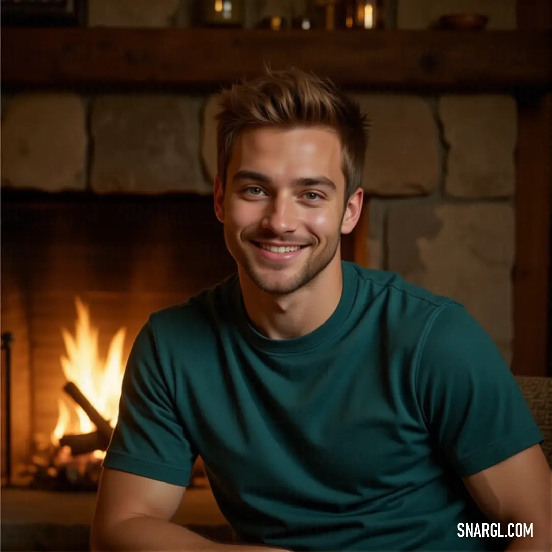 A cheerful man stands confidently in front of a bright fireplace, beaming at the camera. The flames dance playfully behind him, adding an inviting and cheerful aura to the atmosphere, making it the perfect spot for cozy gatherings.