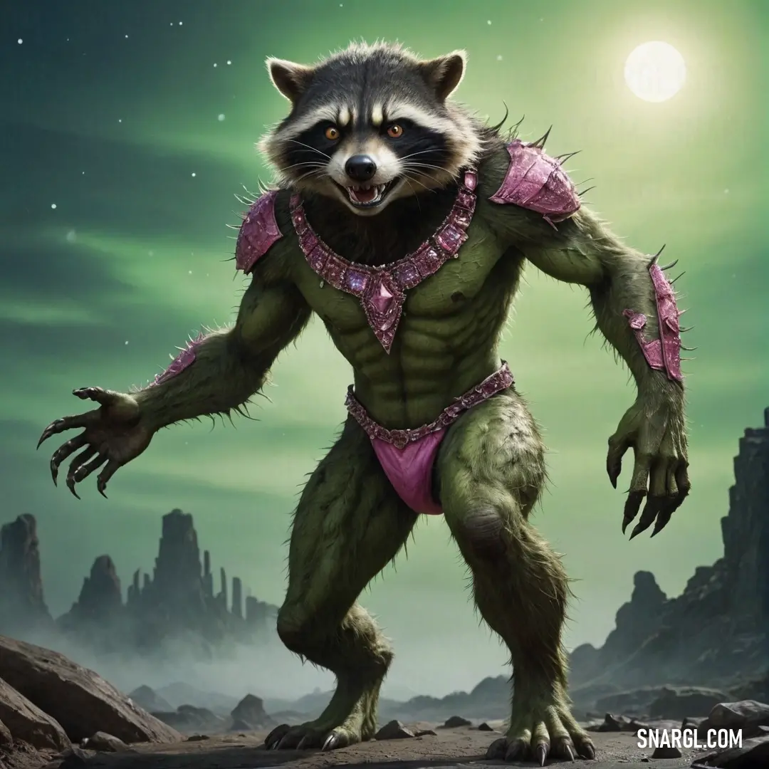 A raccoon whimsically painted in pink underwear stands proudly on rocks with a surreal green sky overhead, creating a playful and imaginative outdoor scene.