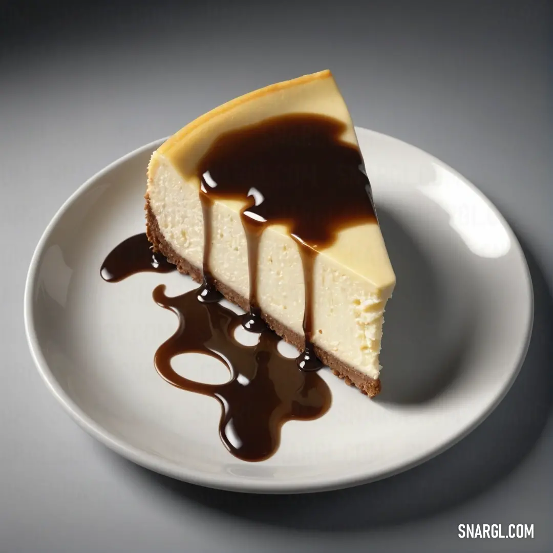 A delicious slice of creamy cheesecake topped with velvety chocolate sauce, perfectly presented on a plate with a shiny fork beside it. The golden hue of the cheesecake contrasts with the deep, rich sauce.