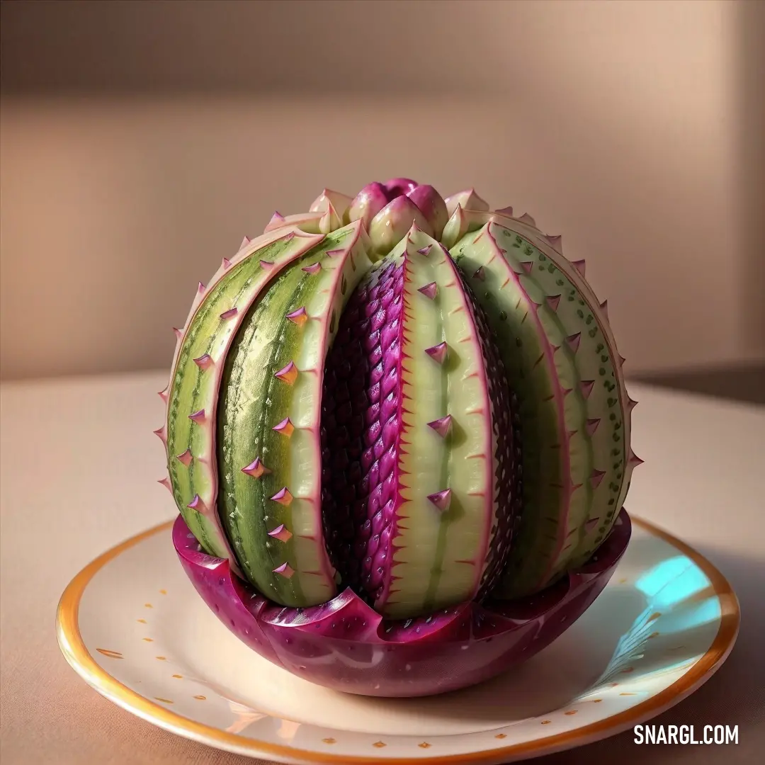 A cactus sits atop a plate, placed on a table with a soft, light background. The simplicity of the scene, with the contrasting textures of the cactus and plate, creates a quiet, minimalist moment.