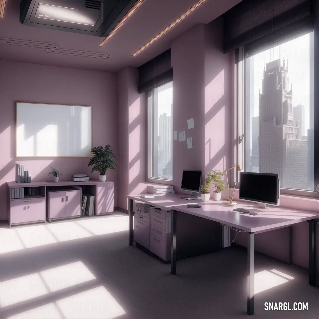 A sleek, modern room features a desk and computer, with a large window offering a view of the city skyline. The room's clean lines and sophisticated design provide a perfect setting for both work and relaxation.