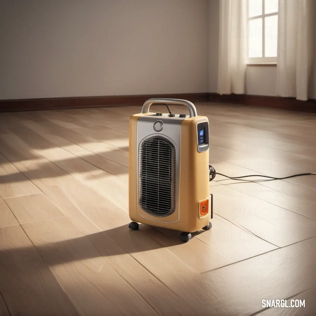 Modern air purifier in a cheerful yellow and sleek gray design, placed elegantly on a polished wooden floor, illuminated by bright sunlight streaming through the window, enhancing the room's fresh ambiance.