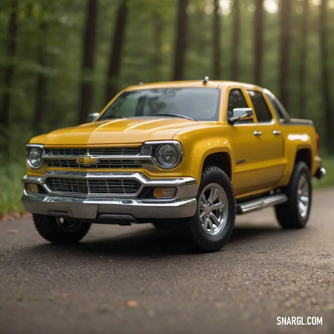 In a serene wooded area, a vibrant yellow truck is parked alongside a winding road, surrounded by lush trees. The natural beauty of the woods complements the truck's bright hue, creating a charming rustic scene.