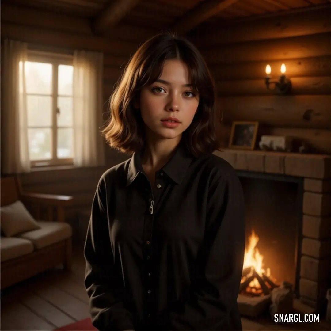 A stylish woman stands elegantly in front of a cozy fireplace, surrounded by a warm, inviting living space featuring wooden floors and walls. The rich tones of the room harmonize with her graceful pose, creating an atmosphere of comfort and tranquility.