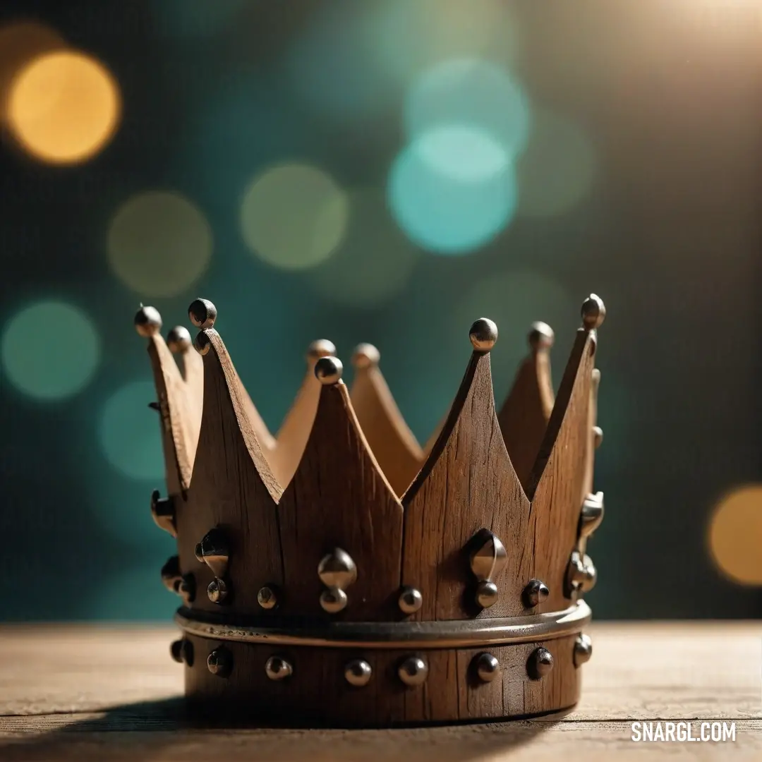 A striking wooden crown resting on a polished table, surrounded by a beautifully blurred backdrop. The image highlights the earthy tones of the crown, illustrated with the warmth of CMYK 14,36,95,46, evoking a sense of natural beauty.