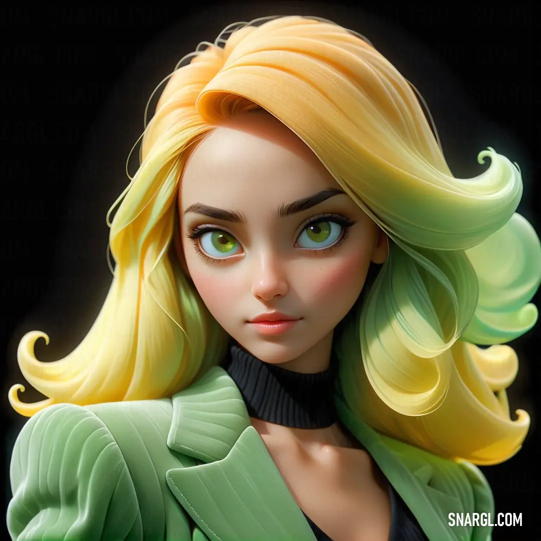 Cartoon girl with blonde hair and green eyes wearing a green jacket and black shirt with a collared neck