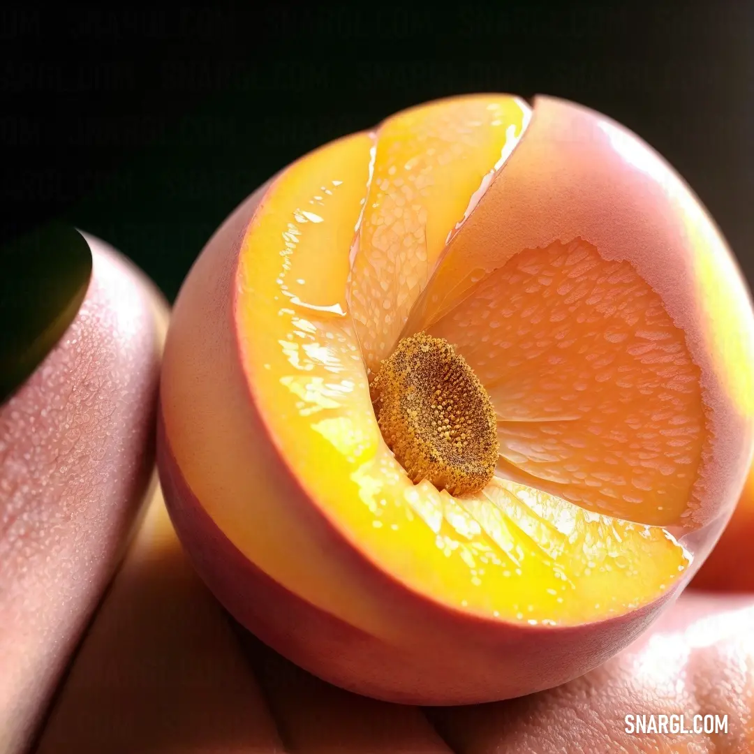 Close up of a person holding a peach with a bite taken out of it's center piece