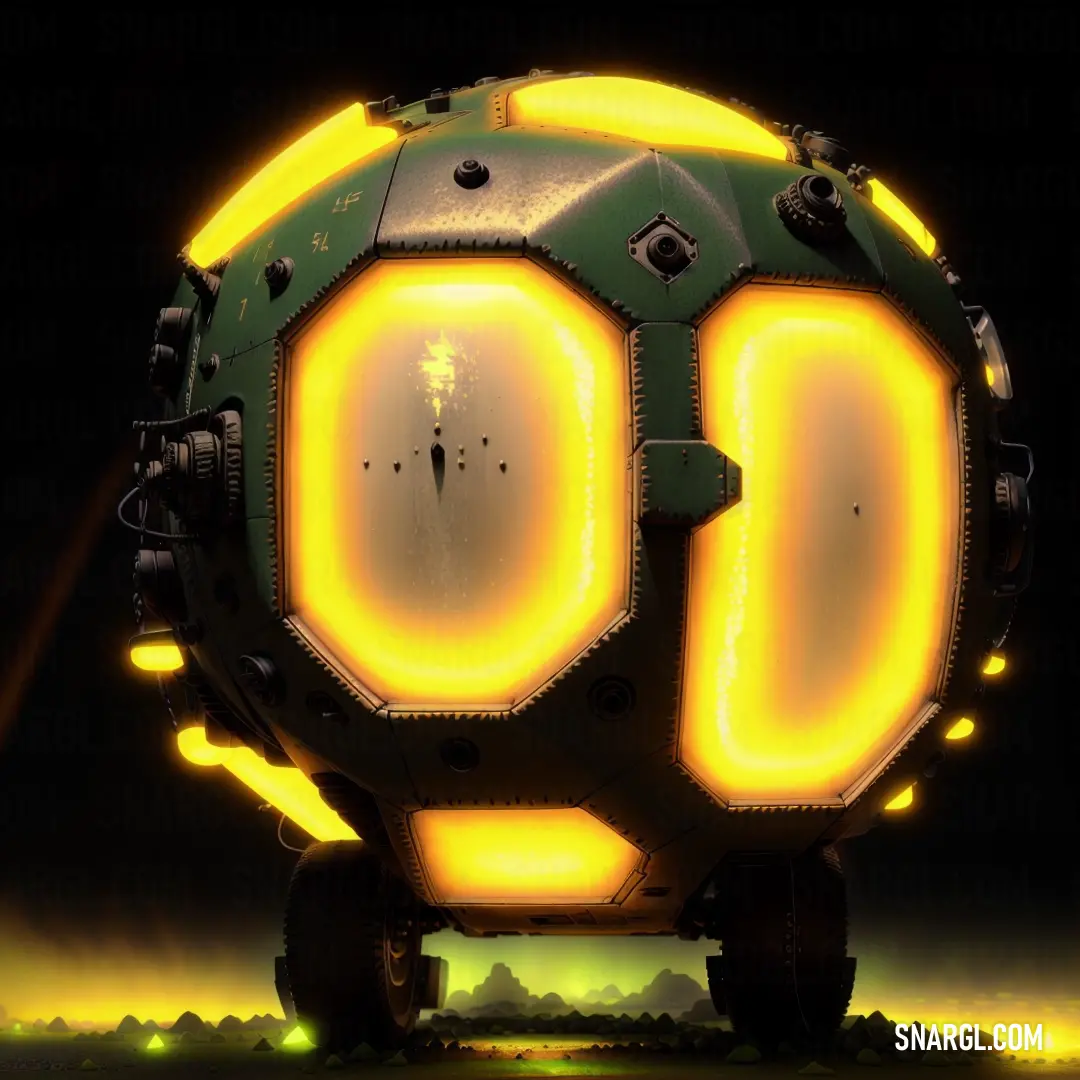 Futuristic object with yellow lights on it's sides and a black background