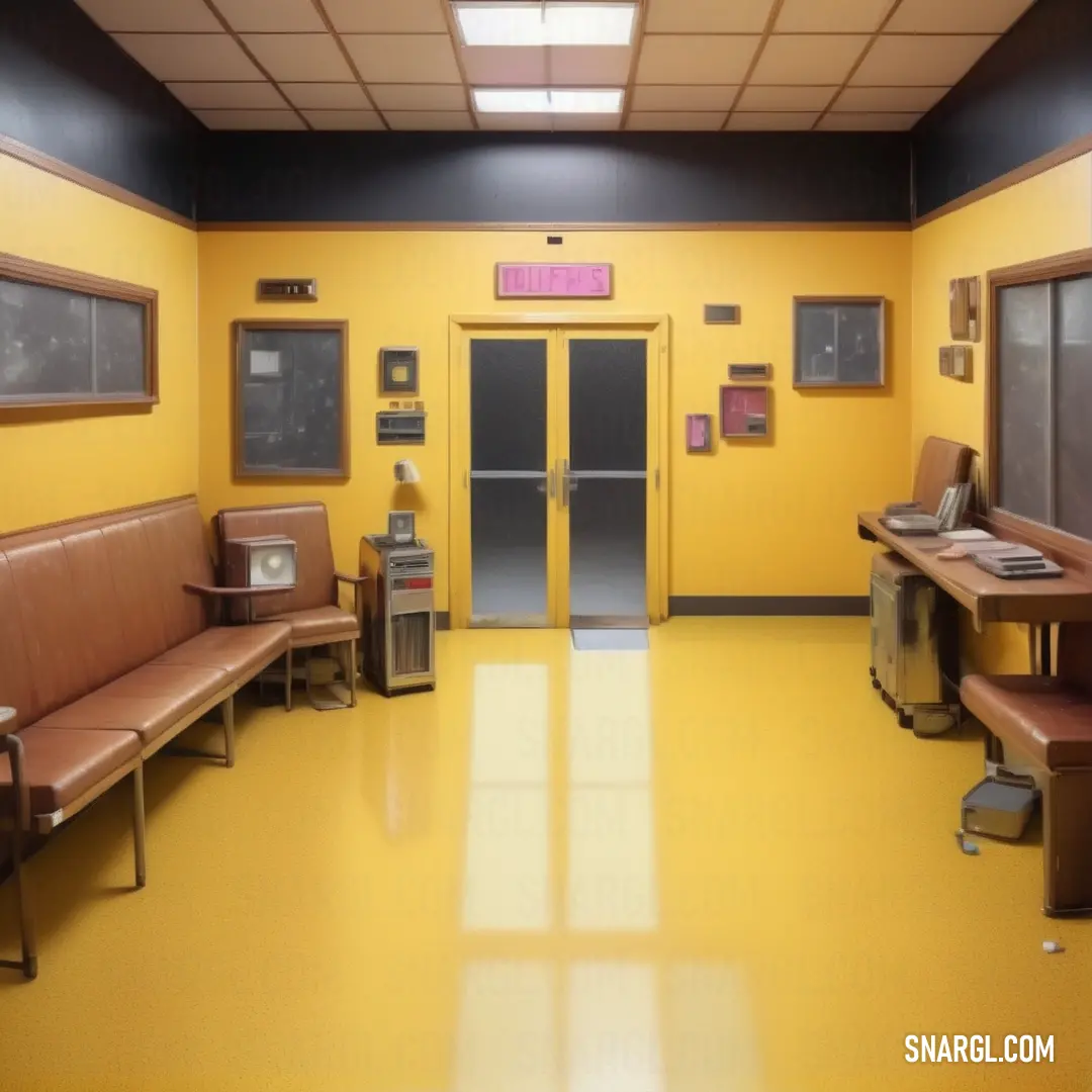 Room with a yellow wall and a yellow door and some brown benches and a table and chairs and a television