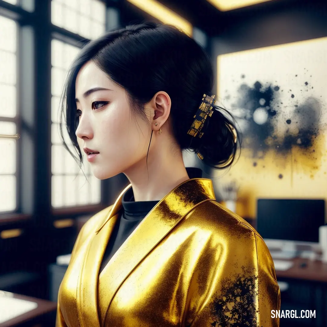 Woman in a gold kimono looking out a window with a black background and a gold painting behind her