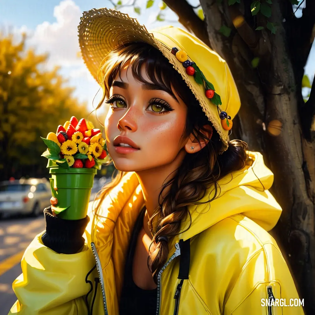 Woman in a yellow jacket holding a flower pot and a tree in the background with cars parked on the street