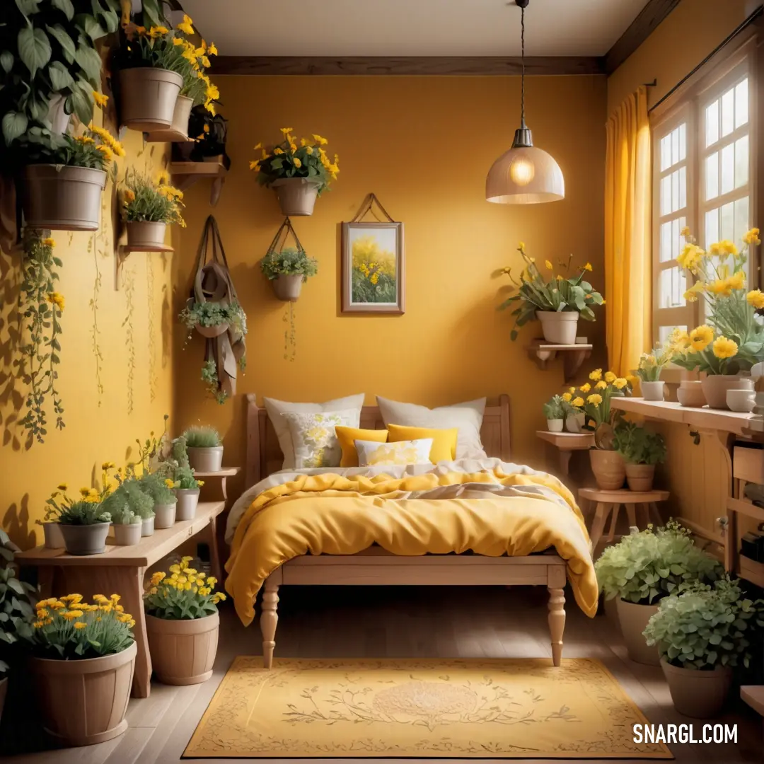 Bedroom with a bed and plants. Example of CMYK 0,7,75,0 color.