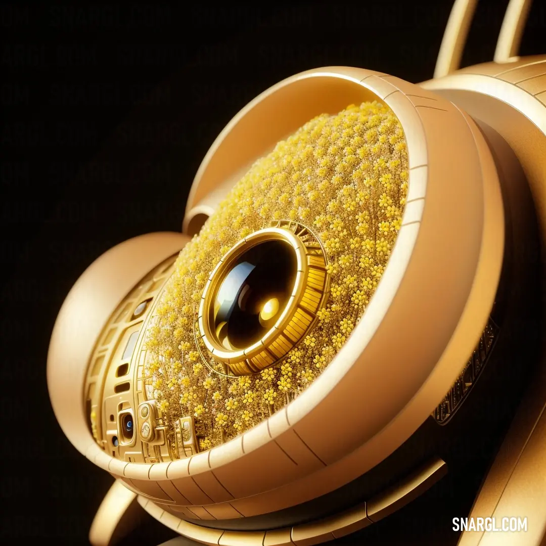 PANTONE 128 color. Close up of a pair of headphones with a yellow and black design on it's side