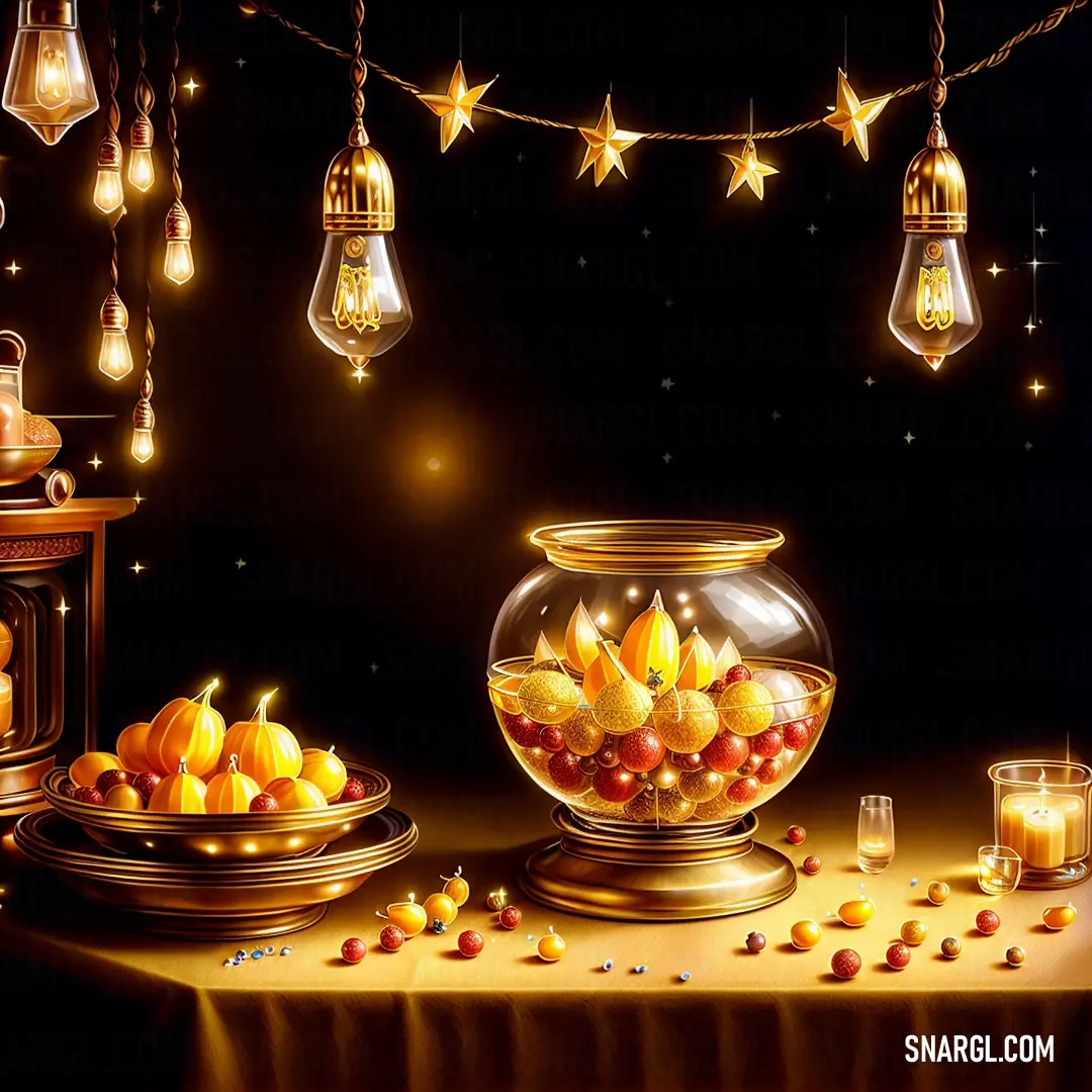 Painting of a bowl of fruit and a candle on a table with lights hanging above it