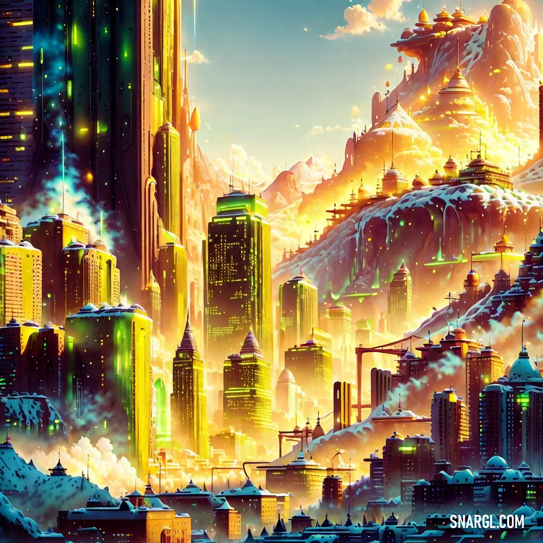 Painting of a city with a lot of tall buildings and a sky background with clouds
