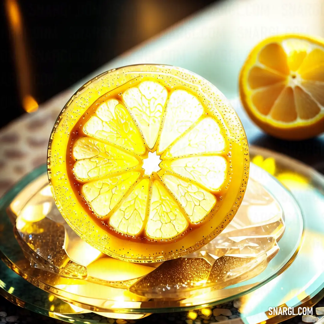 Sliced lemon on a plate with a gold rimmed plate and a gold plate