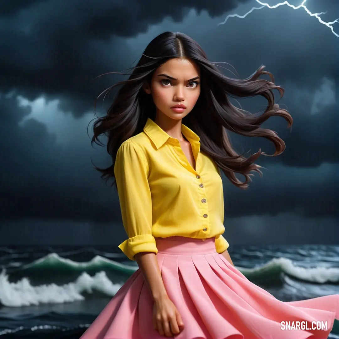 Woman in a yellow shirt and pink skirt standing in front of a stormy sky with a lightning bolt