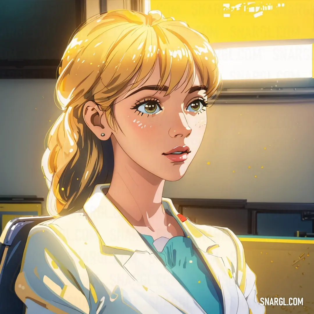 Woman with blonde hair and blue eyes in a white shirt and yellow jacket looking off to the side. Example of #F8D962 color.