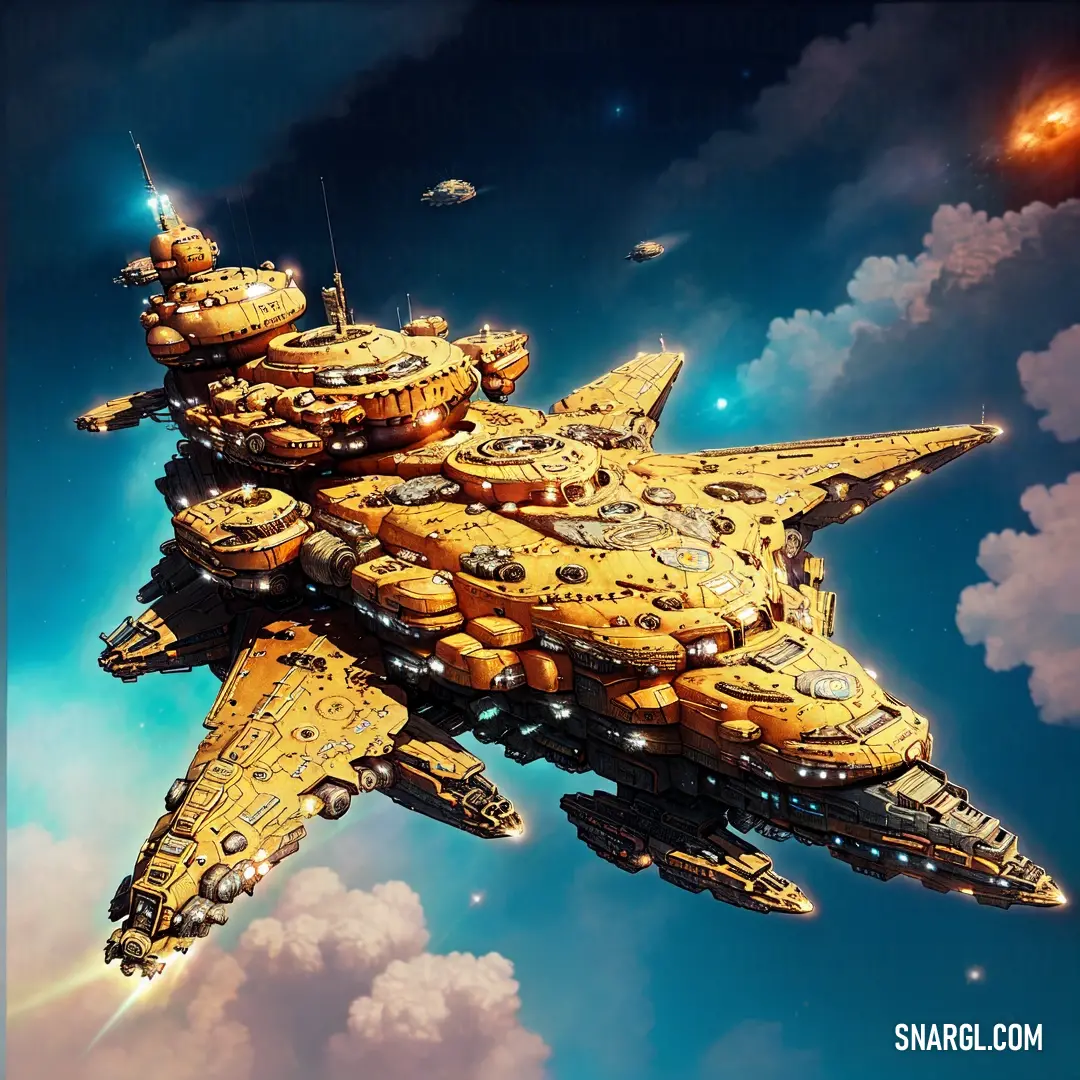 Yellow spaceship flying through a cloudy sky with a star in the background