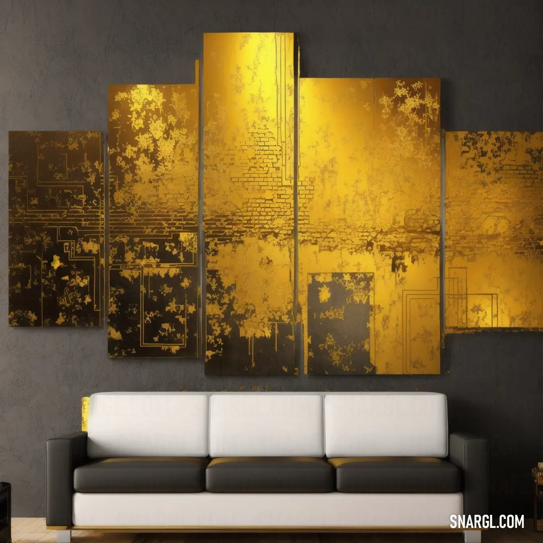 Living room with a couch and a large painting on the wall above it that has a golden design
