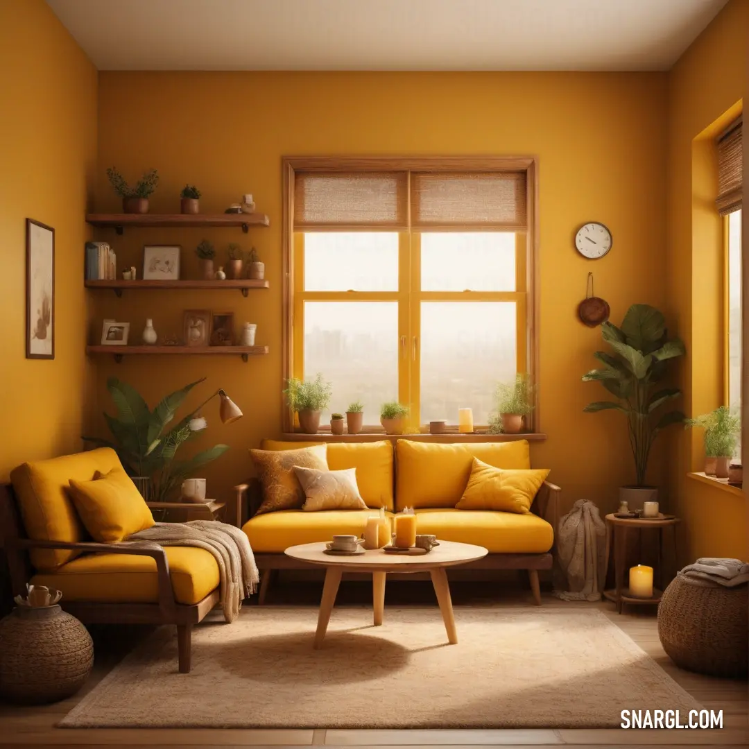 Living room with yellow walls and a white rug on the floor and a yellow couch and chair in front of a window