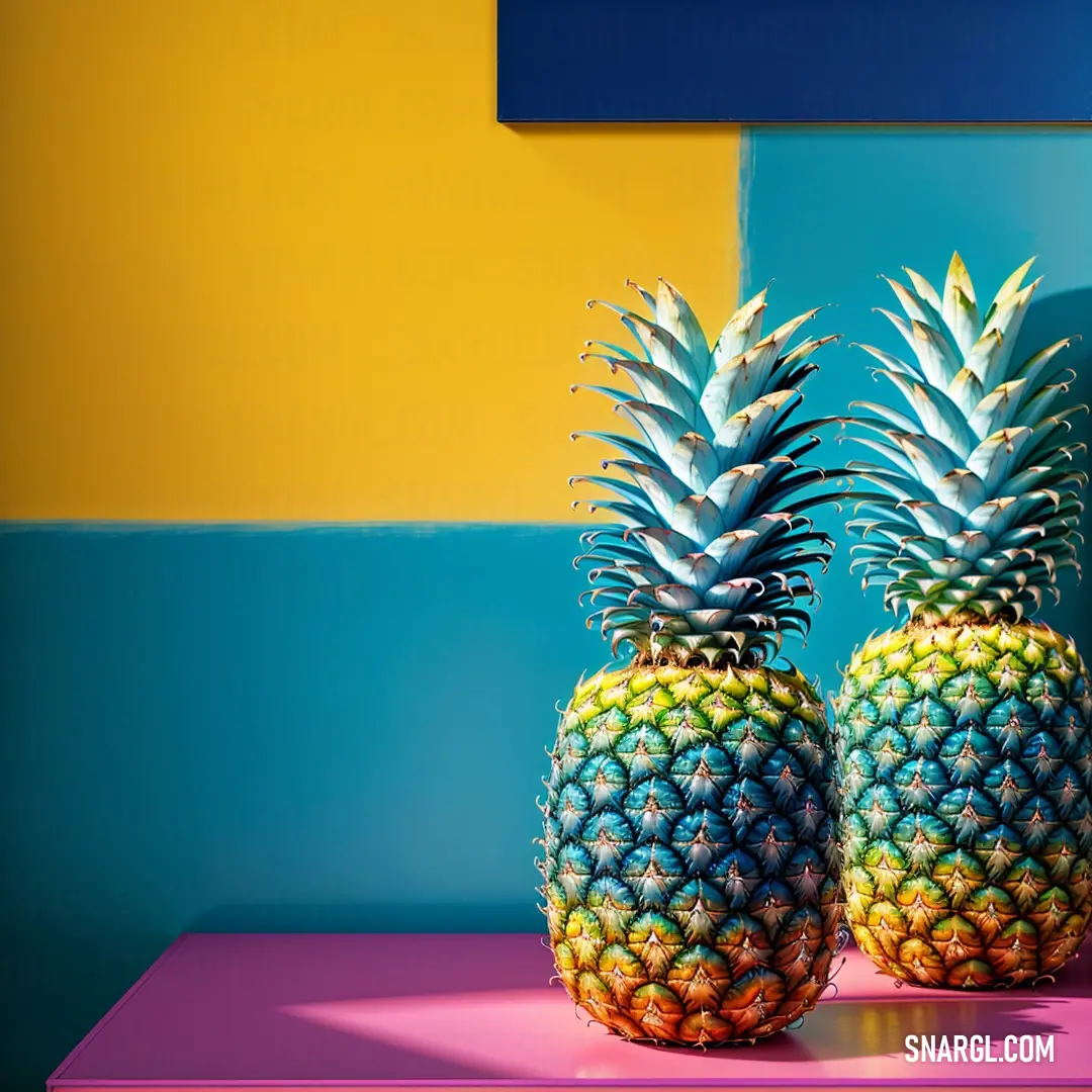 Two pineapples are on a table in front of a wall with a blue and yellow background