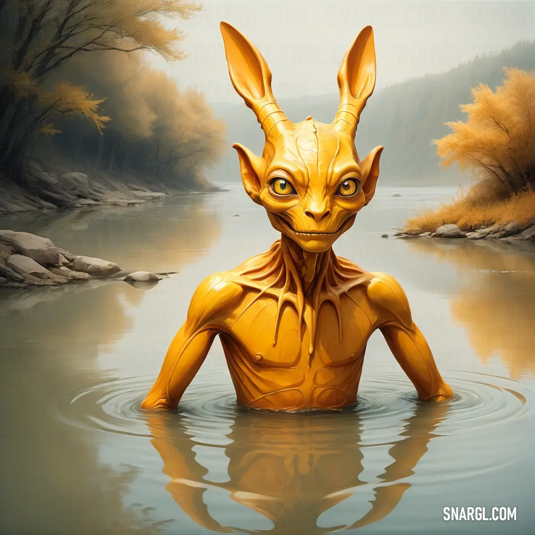 Yellow creature floating in a body of water with trees in the background and a river in the foreground