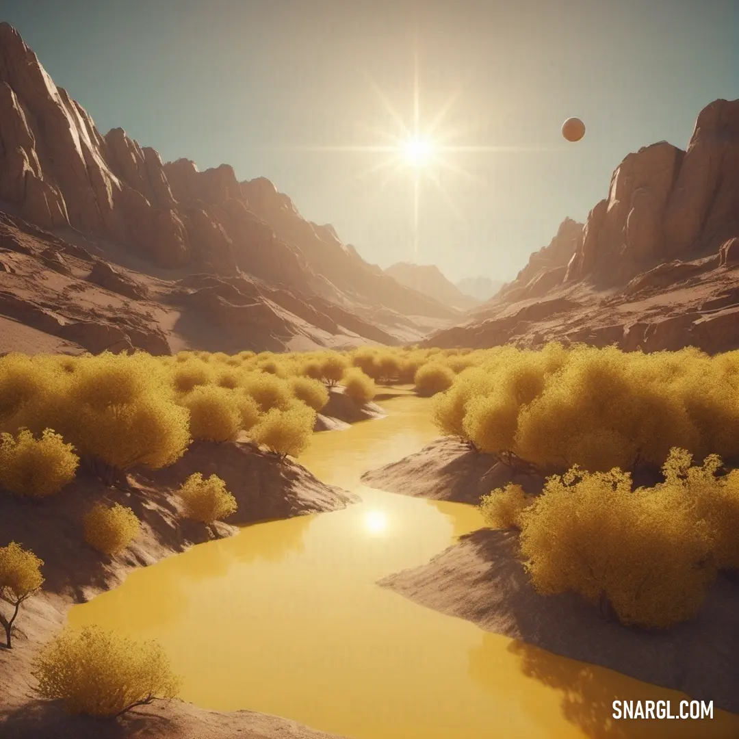 Computer generated image of a desert landscape with a river running through it and a sun shining in the sky. Example of CMYK 2,39,100,10 color.