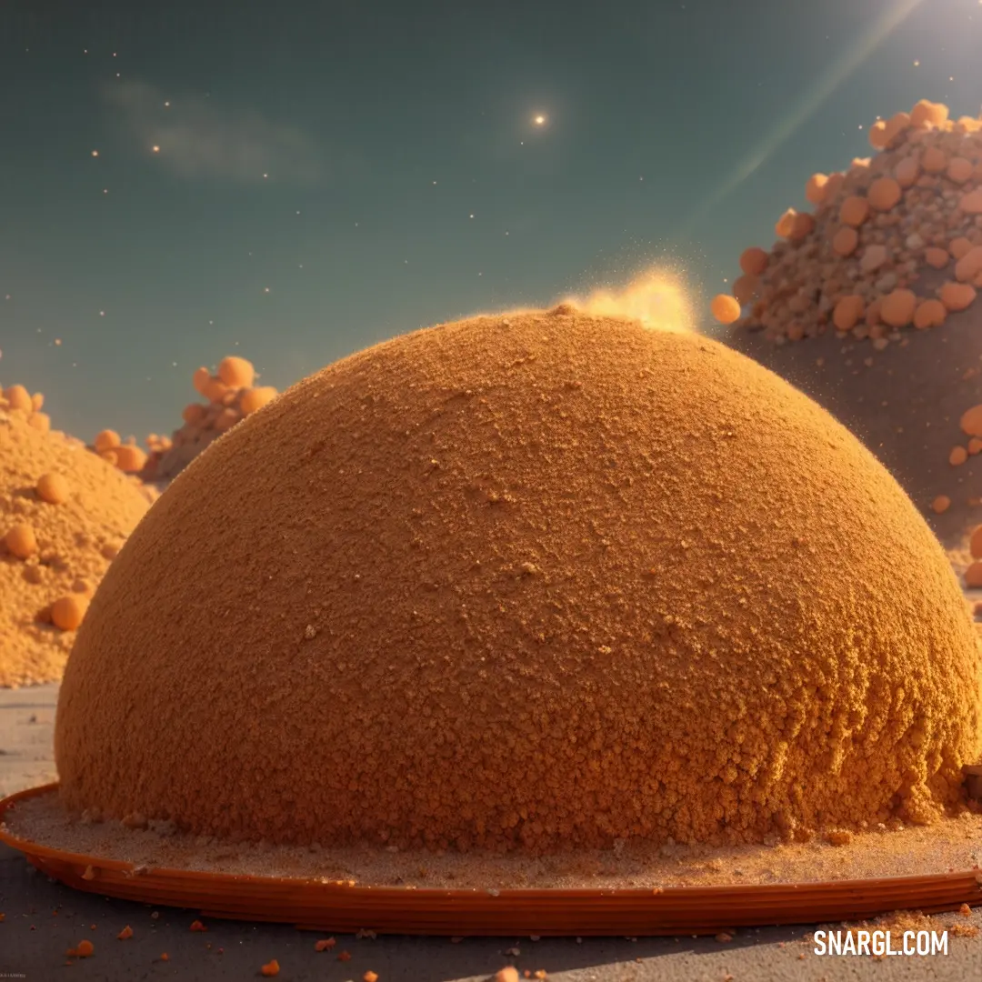Large mound of dirt on top of a sandy beach next to a star filled sky with a bright sun