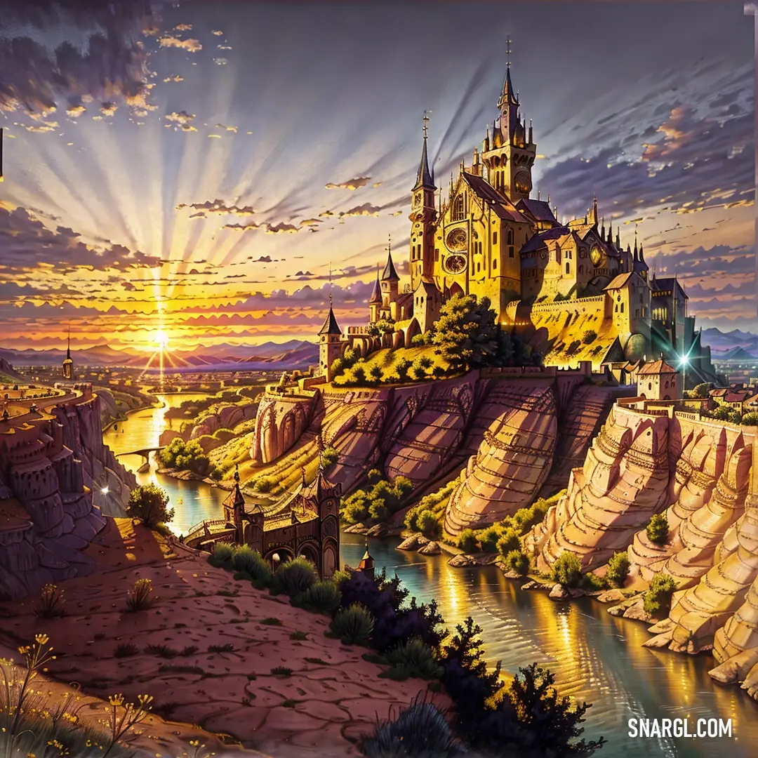 Painting of a castle on a hill with a river running through it and a sunset in the background. Color PANTONE 131.