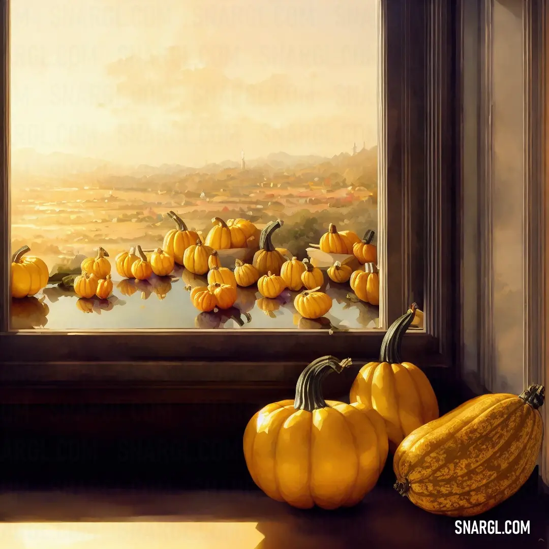 Painting of a window with pumpkins and squash on the window sill. Example of #D0941F color.
