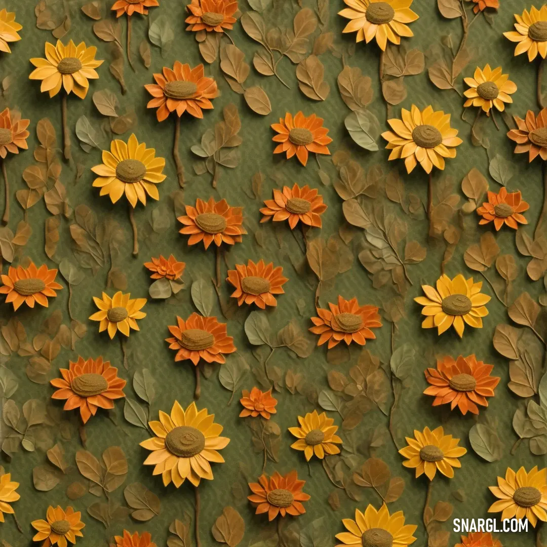 PANTONE 131 color example: Wall with a bunch of sunflowers on it and leaves on it