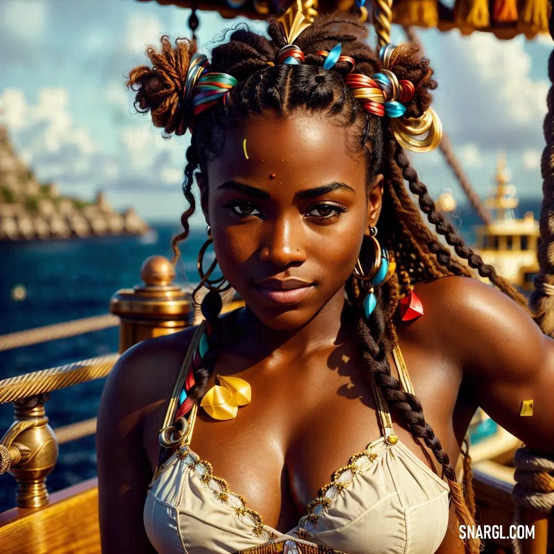 Woman with braids on a boat in the water with a necklace on her neck