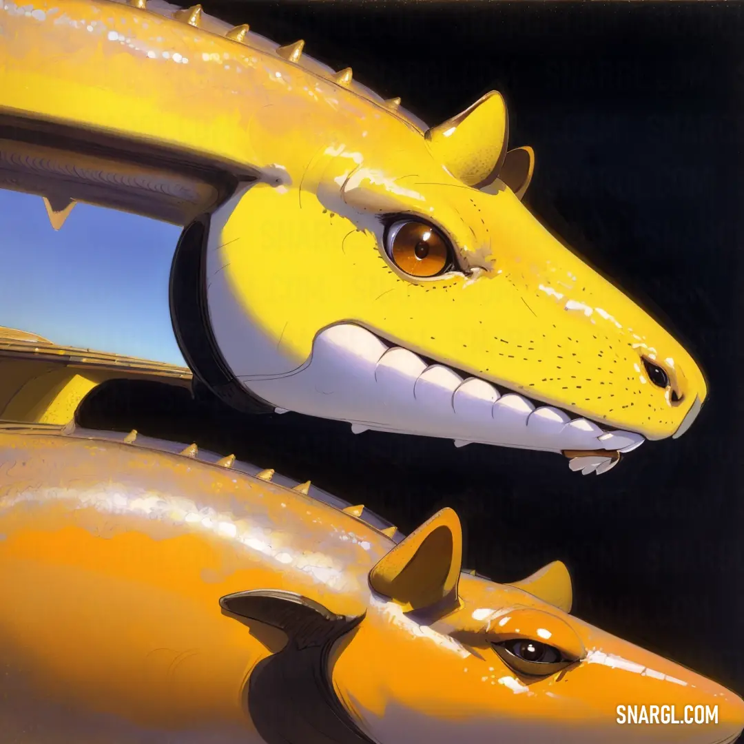 Yellow dinosaur head with a yellow tail and a white nose and mouth. Color CMYK 2,39,100,10.